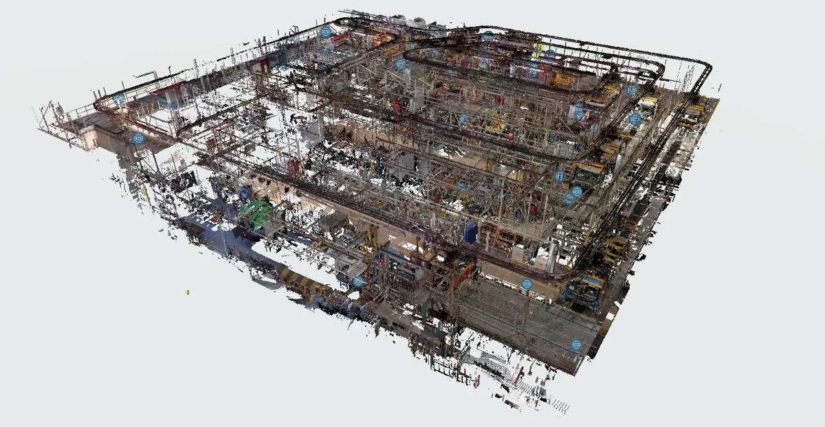 Digitaler Zwilling der Halle: 3D-Laserscan in der ISO-Ansicht