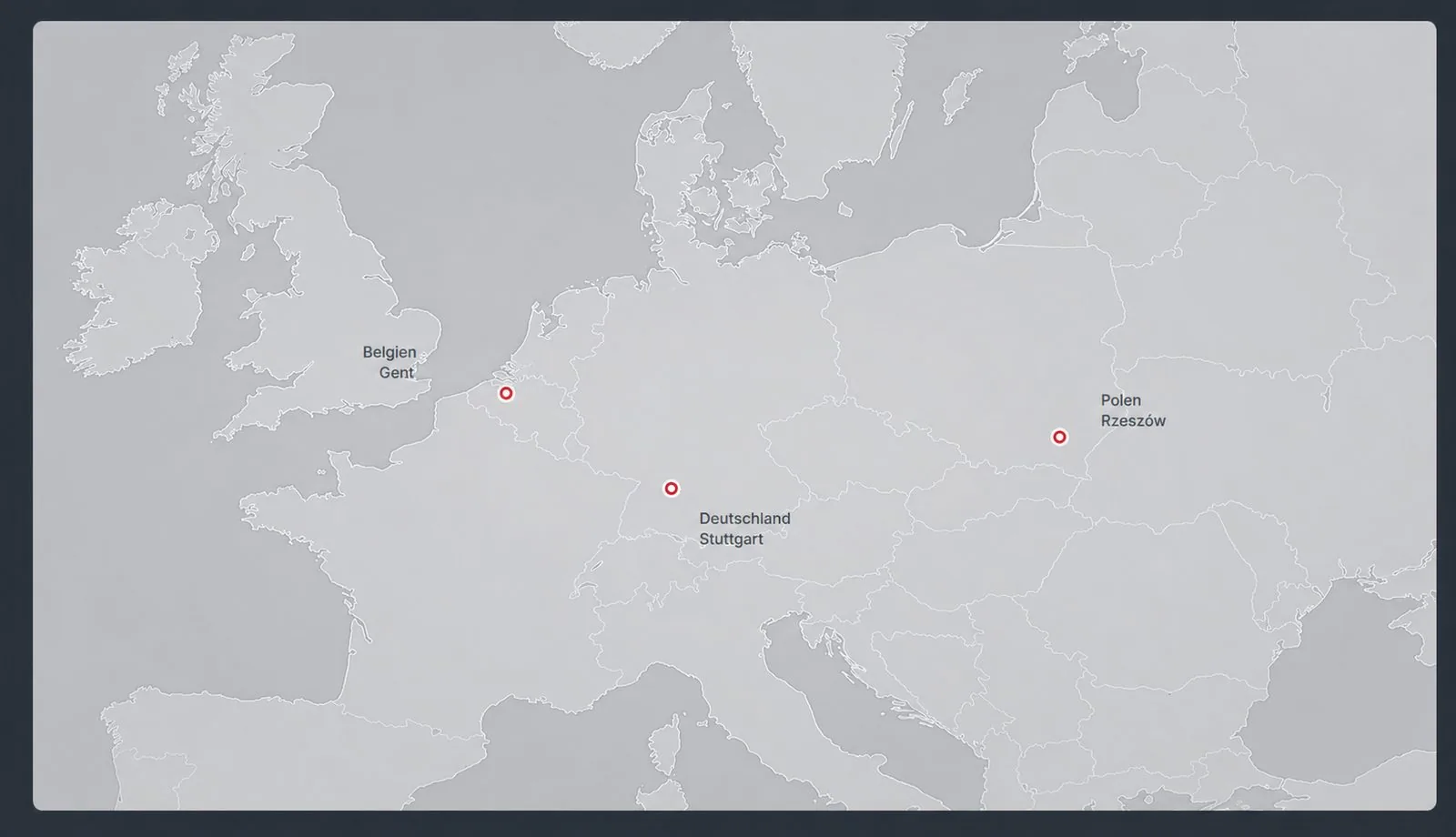 Europakarte mit den SFI-Standorten Stuttgart, Gent und Rzeszów