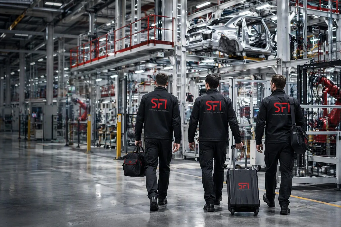 SFI-Serviceteam auf dem Weg zum Einsatz in der Fahrzeugproduktion