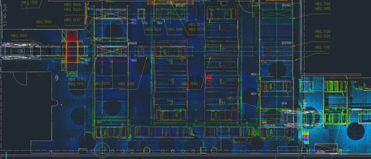 Umbauplanung direkt in der Punktwolke: CAD-Planung über dem 3D-Laserscan der Bestandsanlage (Draufsicht)